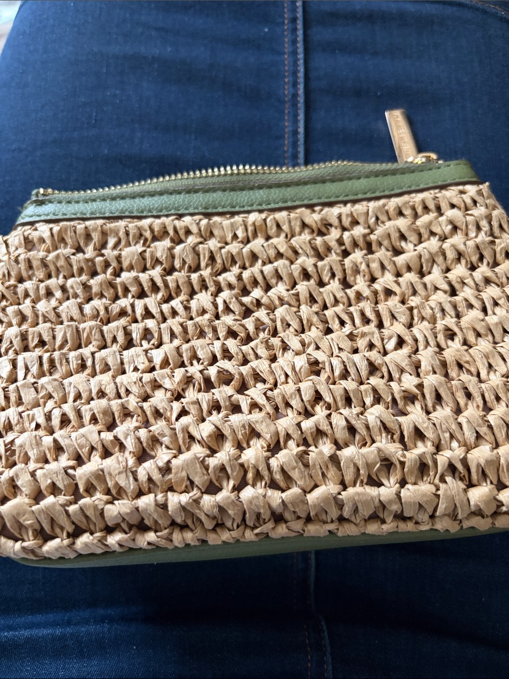 Anne Klein Woven Straw Zip Pouch with Olive Trim.